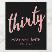 Roos Goud Zwart "Thirty" 30 Verjaardagsfeestje Gli Wijn Etiket (Enkel label)