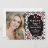 Roos Goud Zwart Wit Damask Foto 50e Verjaardag Kaart (Voorkant)