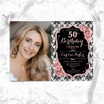 Roos Goud Zwart Wit Damask Foto 50e Verjaardag Kaart<br><div class="desc">Elegante bloemenvrouwelijke 50e verjaardagsuitnodiging met uw foto. Glam zwart wit roze ontwerp met faux glitter roos goud. Beschikt over zwart-wit damast patroon, blush roze rozen, script lettertype en confetti. Perfect voor een stijlvol volwassen feestje. Personaliseer met je eigen gegevens. Kan voor om het even welke leeftijd worden aangepast! Gedrukte Zazzle-uitnodigingen...</div>