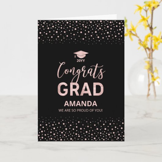 Roos Goud, Zwarte Confetti Congrats Afstudeerder A Kaart (Gele Bloem)