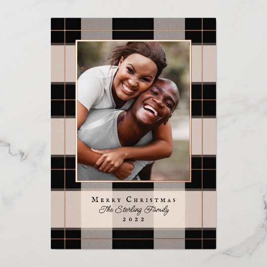 Roos Goud & Zwarte Geruite Kerst Foto Kaart (Voorkant)