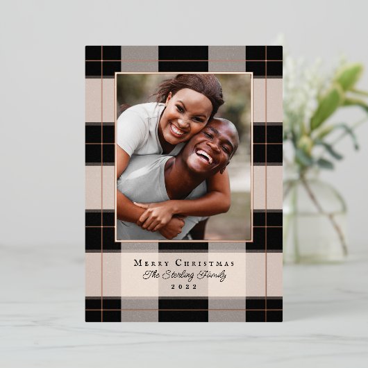 Roos Goud & Zwarte Geruite Kerst Foto Kaart (Staand Voorkant)
