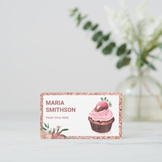 Roos goudaardbei Cupcake Pastry Chef Bakery Visitekaartje (Staand voorkant)