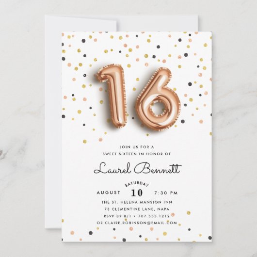 Roos goudballonnen | Sweet 16-partijuitnodiging Kaart (Voorkant)