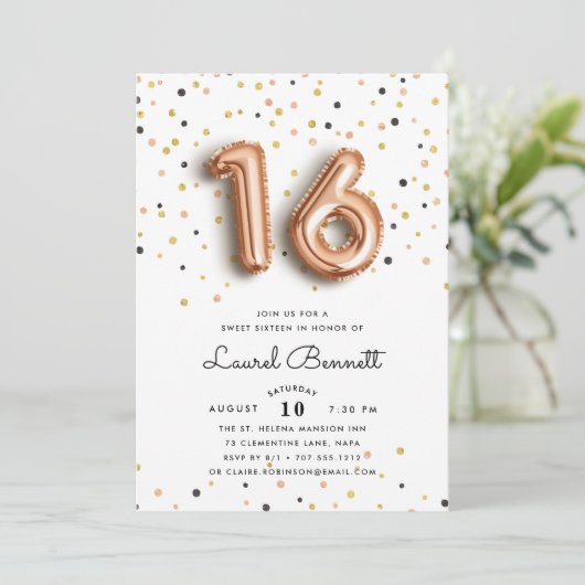 Roos goudballonnen | Sweet 16-partijuitnodiging Kaart (Staand voorkant)