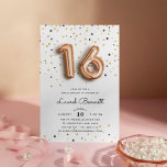 Roos goudballonnen | Sweet 16-partijuitnodiging Kaart<br><div class="desc">Unieke en trendy zoete uitnodigingen voor zestien verjaardagsfeestjes zijn voorzien van "16" in gouden ballonnen van roos,  tegen de achtergrond van roos goud,  goud en zwart confetti. Pas je partij aan met je eigen gegevens in moderne zwarte letters. Invitaties veranderen in vaste,  wazige roze.</div>