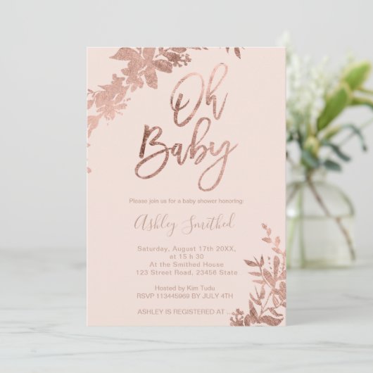Roos goudblad bloesdoornroze roze Oh baby shower Kaart (Staand voorkant)
