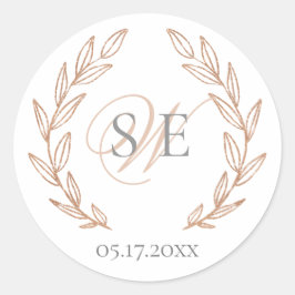 Roos Goudblad Elegant Monogram Bruiloft Ronde Sticker