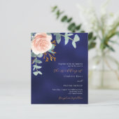 Roos goudblauw QR RSVP budget bruiloft uitnodiging (Staand voorkant)