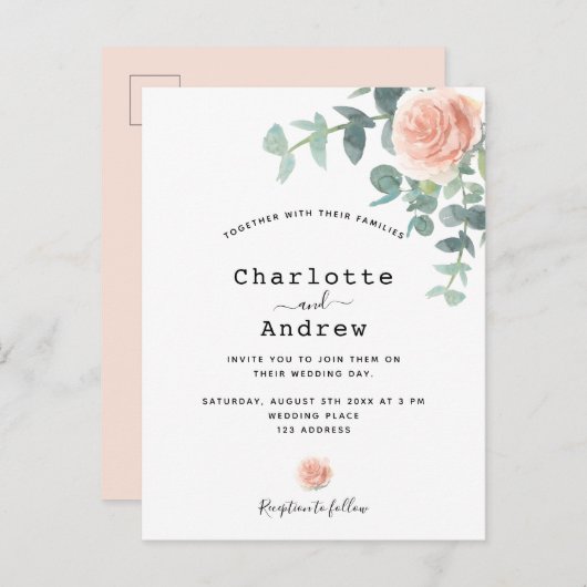 Roos goudbloem eucalyptusbruinbruiloft briefkaart (Voorkant / Achterkant)