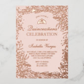 Roos goudbloem roze Tiara chic Quinceanera Folie Uitnodiging (Voorkant)