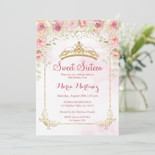 Roos Goudbloemen met Gouden Glitter Sweet 16 Kaart (Staand voorkant)