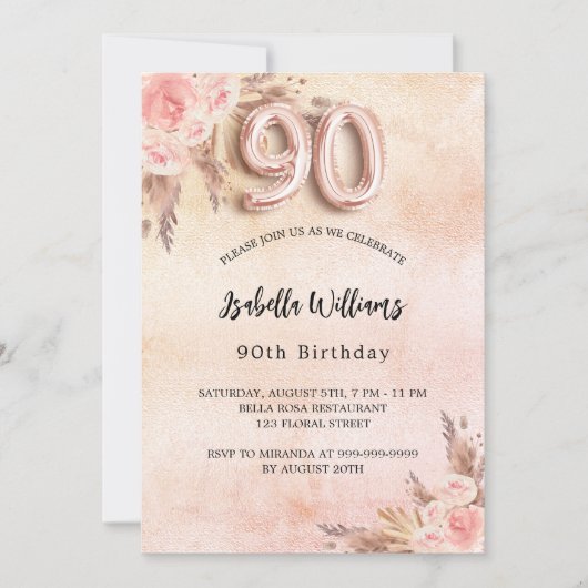 Roos goudbloemen pampas gras 90e geboortedag kaart (Voorkant)