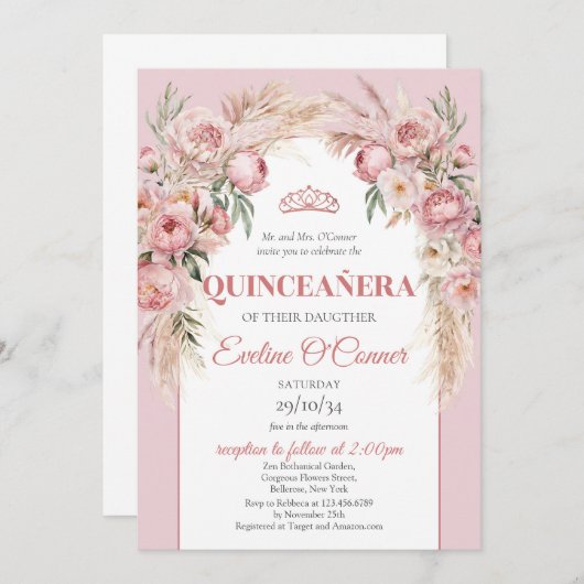 Roos goudbloemen pampas grass boho Quinceañera Kaart (Voorkant / Achterkant)