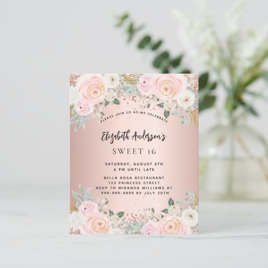 Roos goudbloemen Sweet 16 budget uitnodiging (Staand voorkant)