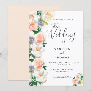 Roos goudbloemen wit script bruiloft kaart