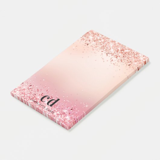 Roos goudblush roze monogram post-it® notes (Schuin)