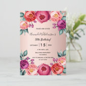 Roos goudblush roze paarse bloemenverjaardag kaart (Staand voorkant)