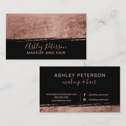Roos goudborstelslag zwarte haarmake-up typografie visitekaartje (Voorkant / Achterkant)
