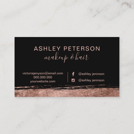 Roos goudborstelslag zwarte haarmake-up typografie visitekaartje (Achterkant)