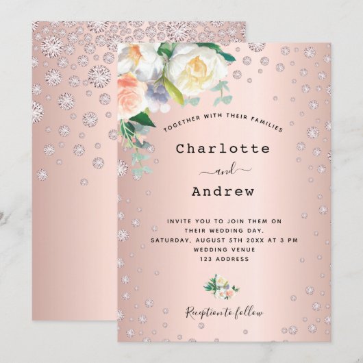 Roos goudbrij bloesdiamant glamoureus bruiloft kaart (Voorkant / Achterkant)