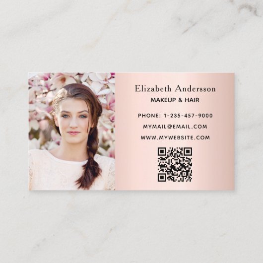 Roos goudbrij glitter stof foto qr code visitekaartje (Achterkant)