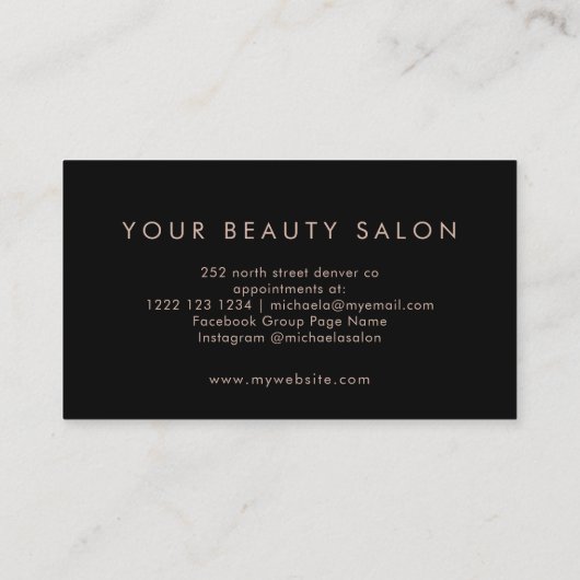 Roos goudbruin roze elegant script zwart visitekaartje (Achterkant)