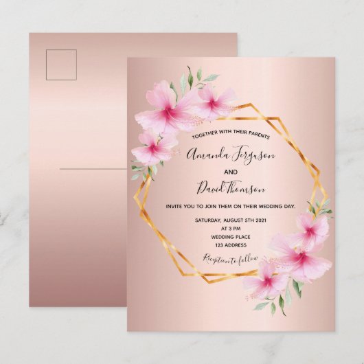Roos goudbruin roze florale bruiloft briefkaart (Voorkant / Achterkant)
