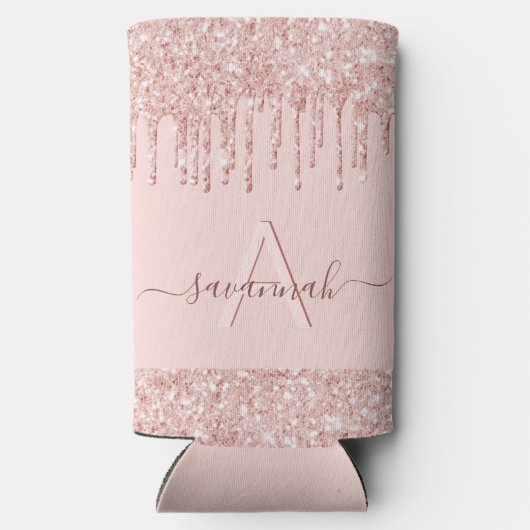 Roos goudbruin roze glitter monogram naam seltzer blikjeskoeler (Achterkant)
