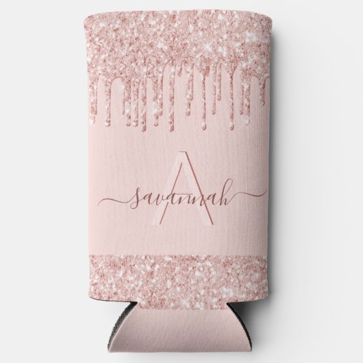Roos goudbruin roze glitter monogram naam seltzer blikjeskoeler (Voorkant)