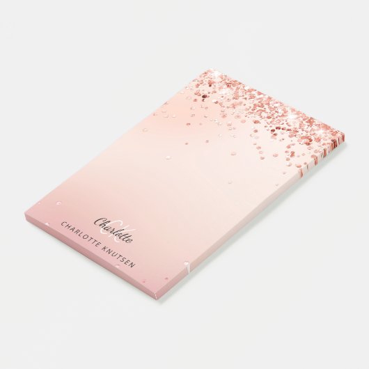 Roos goudbruin roze glitter monogram post-it® notes (Schuin)