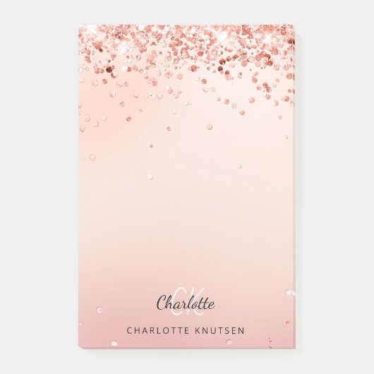 Roos goudbruin roze glitter monogram post-it® notes (Voorkant)
