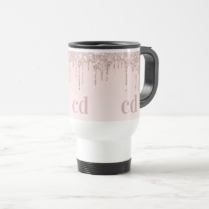Roos goudbruin roze glitter monogram reisbeker