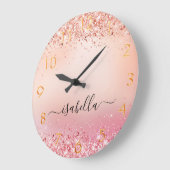 Roos goudbruin roze glitter stofnaamscript grote klok (Hoek)