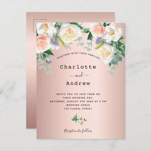 Roos goudbruin roze witte floralen bruiloft briefkaart (Voorkant / Achterkant)