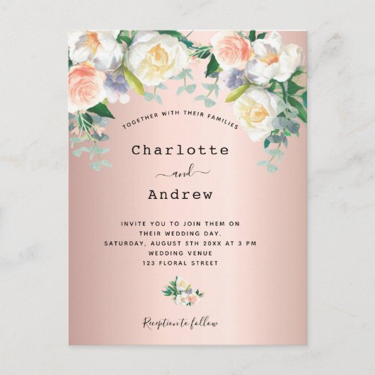 Roos goudbruin roze witte floralen bruiloft briefkaart (Voorkant)