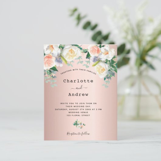 Roos goudbruin roze witte floralen bruiloft briefkaart (Staand voorkant)