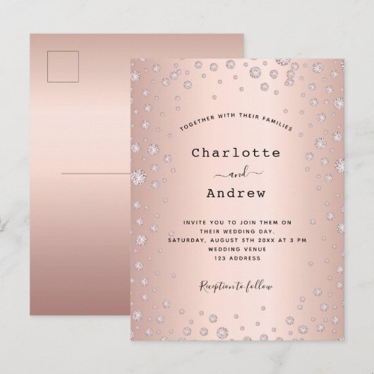 Roos goudbruindiamanten huwelijksuitnodiging briefkaart (Voorkant / Achterkant)