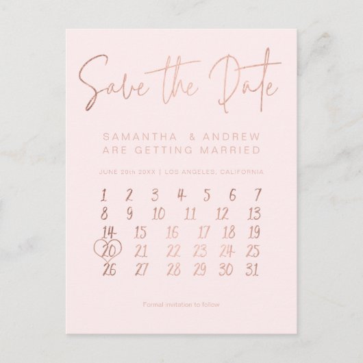 Roos goudbruine roze kalender met uitzondering van aankondigingskaart (Voorkant)