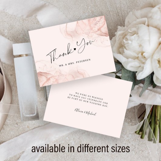 Roos goudbruudje moderne bruiloft bedankt notitiekaartje