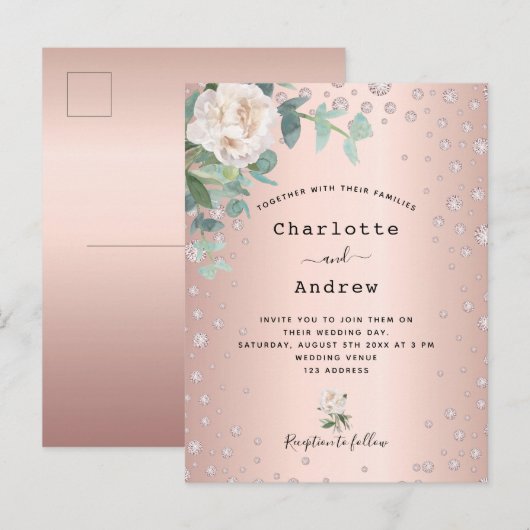 Roos gouddiamanten floralen bruiloft briefkaart (Voorkant / Achterkant)