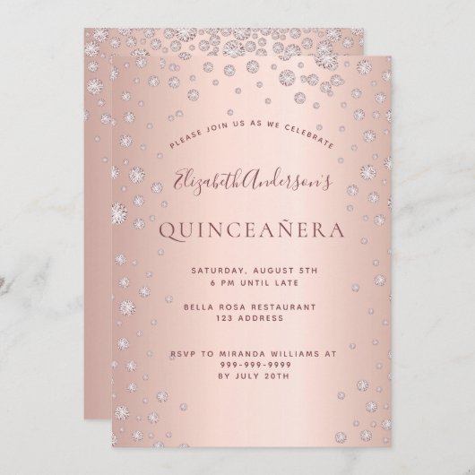 Roos gouddiamanten Quinceanera Kaart (Voorkant / Achterkant)