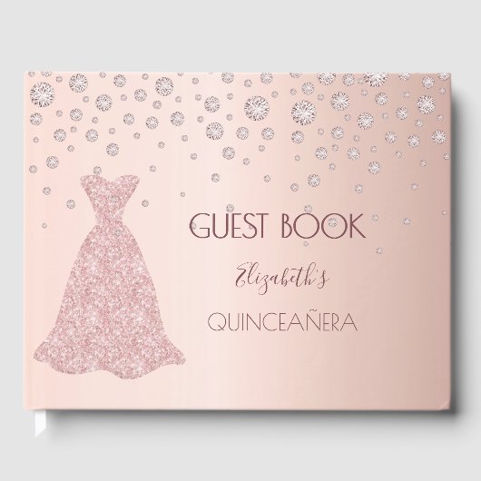 Roos gouddiamanten roze jurk Quinceanera Gastenboek (Voorkant)