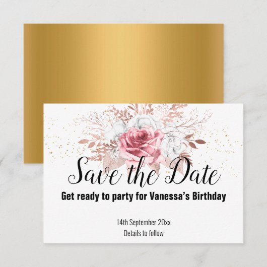 ROOS GOUDE BLOEMEN BOeket GOUD SAVE THE DATE RSVP Kaartje (Voorkant / Achterkant)