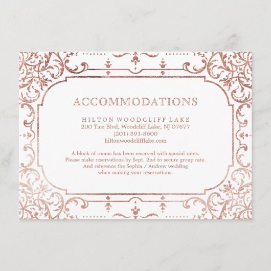 Roos goudelegant huwelijksverblijf informatiekaartje (Voorkant)