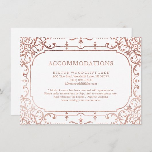 Roos goudelegant huwelijksverblijf informatiekaartje (Voorkant / Achterkant)