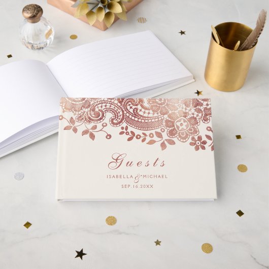 Roos goudelegant  lace bruiloft gastboek gastenboek (Voorkant open)