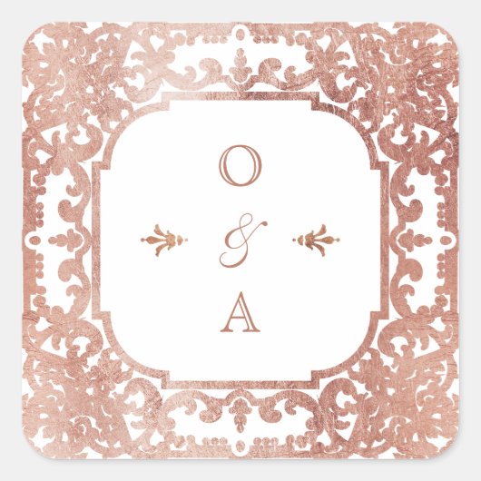Roos goudelegant vintage bruiloft monogram vierkante sticker (Voorkant)