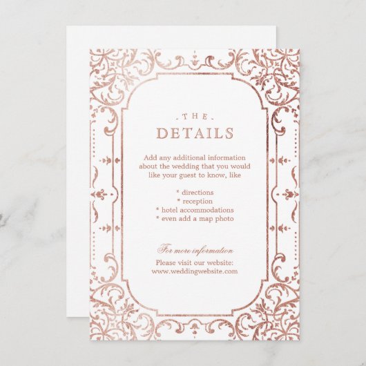 Roos goudelegant vintage trouwgegevens informatiekaartje (Voorkant / Achterkant)