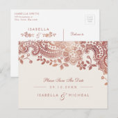 Roos goudelegante lace bruiloft met uitzondering v aankondigingskaart (Voorkant / Achterkant)